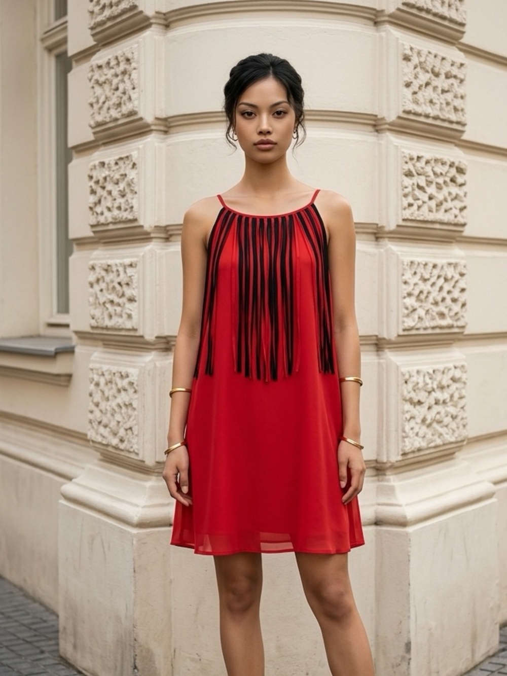 Red Spaghetti Strap Dress w/Fringe Neckline